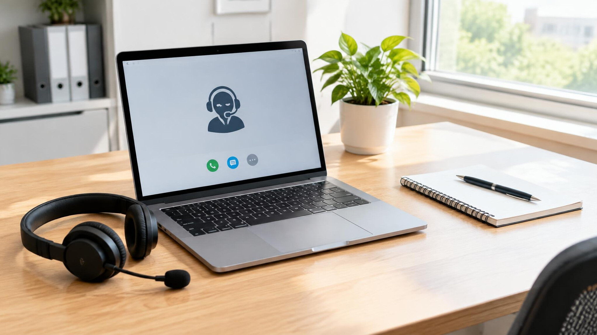 Tidy support desk with laptop, notebook and headset